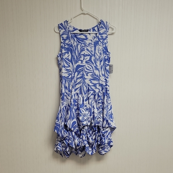Tango Mango, women's Blue and White Sleeveless Dress With Bustles Sz Small NWT - Picture 1 of 7